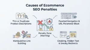 Infographic titled "Causes of Ecommerce SEO Penalties" highlighting the penalty zone warning and detailing key triggers including thin or duplicate product descriptions, faceted navigation and URL parameter bloat, manipulative link building, and cloaking, hidden text, and sneaky redirects.