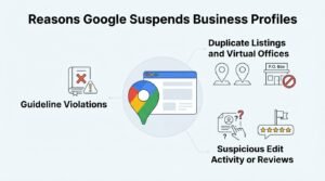 Infographic titled "Reasons Google Suspends Business Profiles" detailing key violation triggers including general guideline violations, duplicate listings and virtual offices or P.O. boxes, and suspicious edit activity or reviews.