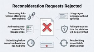 Infographic titled 'Reconsideration Requests Rejected' illustrating common pitfalls such as disavowing links without attempting removal first, addressing only some flagged URLs, submitting before an outreach window has elapsed, using vague language without specifics, failing to explain future prevention, and resubmitting immediately after a denial, surrounding a central document icon with a red X mark.