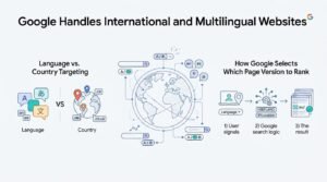 Infographic explaining how Google handles international and multilingual websites, comparing language versus country targeting and illustrating how Google selects which page version to rank based on user signals and hreflang.