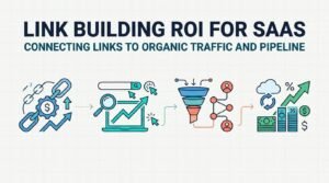 Infographic on link building ROI for SaaS, connecting links to organic traffic and pipeline growth through analytics and revenue metrics.