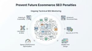 Infographic titled "Prevent Future Ecommerce SEO Penalties" highlighting ongoing technical SEO monitoring across indexation and crawlability, schema and structured data, security and HTTPS, mobile-first design, speed and performance optimization, and link health and 404s.