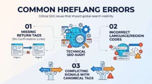 Infographic detailing common technical SEO errors with hreflang implementation, including missing return tags, incorrect language or region codes, and conflicting signals with canonical tags.