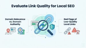 Evaluate link quality for local SEO infographic comparing domain relevance versus domain authority and highlighting red flags of low-quality local links with illustrated icons.
