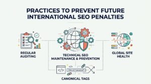 Infographic detailing best practices to prevent future international SEO penalties, including regular technical audits, global site health monitoring, and correct canonical tag management.