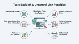 Infographic titled "Toxic Backlink & Unnatural Link Penalties" outlining key risk indicators including spammy link sources, identifying toxic link patterns, sudden link velocity spikes, foreign or irrelevant language links, hidden links and footer spam, paid links and link schemes, and exact match anchor text over-optimization.