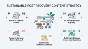 Infographic outlining a sustainable post-recovery content strategy, featuring a 5-step workflow to prioritize editorial review, research genuine search demand, set realistic publishing cadence, tie pace to editorial capacity, and build topic clusters around user questions.
