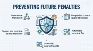 Infographic outlining strategies for preventing future website search penalties, featuring governance frameworks, content quality checklists, scheduled quarterly audits, and automated technical QA.