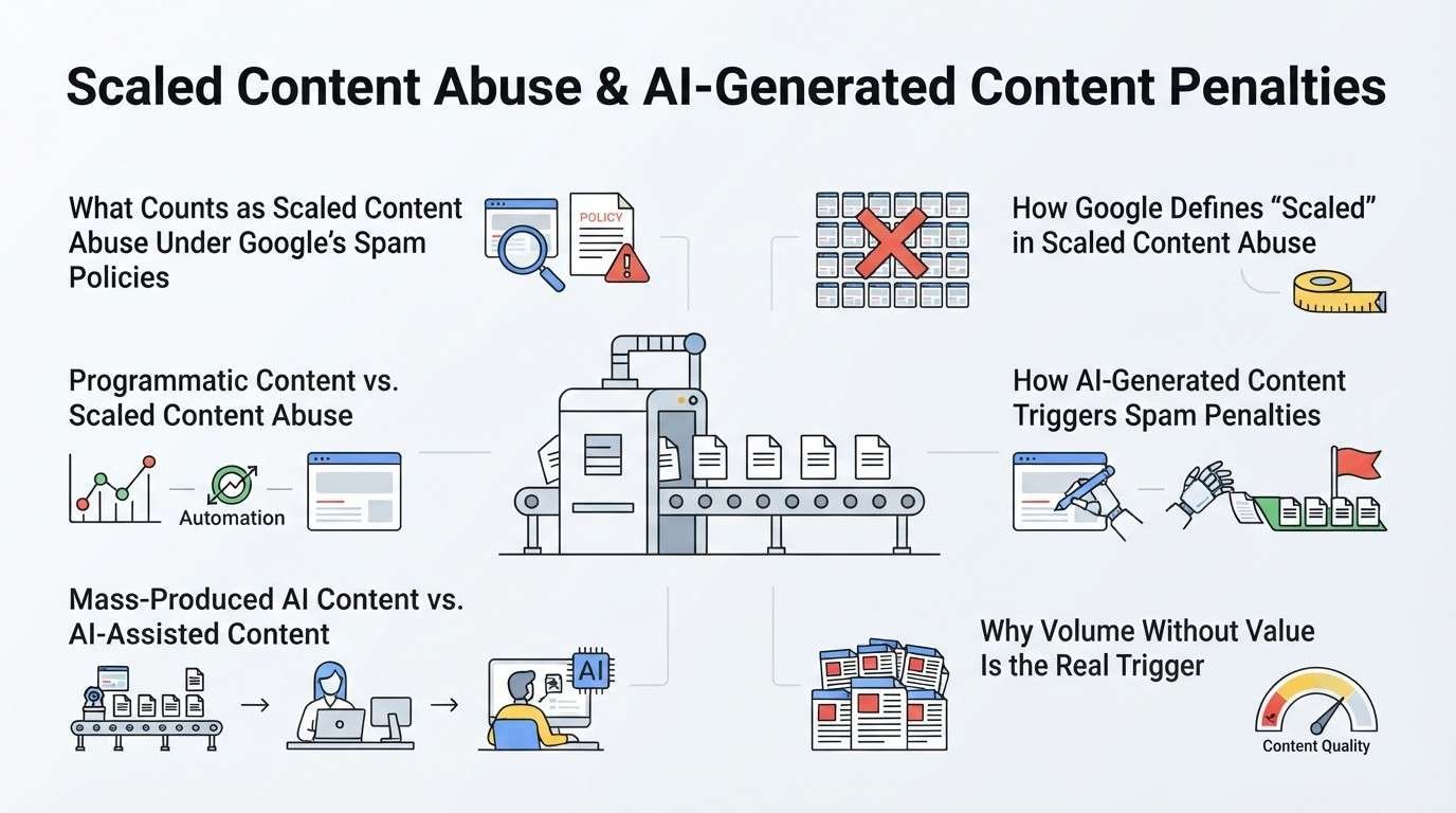 Infographic titled "Scaled Content Abuse & AI-Generated Content Policies" breaking down what counts as scaled content abuse under Google's spam policies, how Google defines scaled, the difference between programmatic content and scaled content abuse, how AI-generated content triggers spam penalties, mass-produced versus AI-assisted content, and why volume without value is the real trigger.