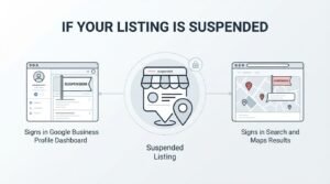 Infographic titled "If Your Listing Is Suspended" outlining key identification signs including warning banners in the Google Business Profile dashboard and suspension markers across Search and Maps results.
