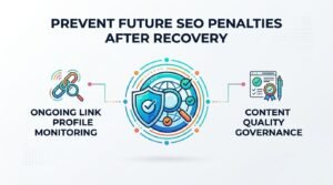 Infographic on how to prevent future SEO penalties after recovery, emphasizing ongoing link profile monitoring and content quality governance.