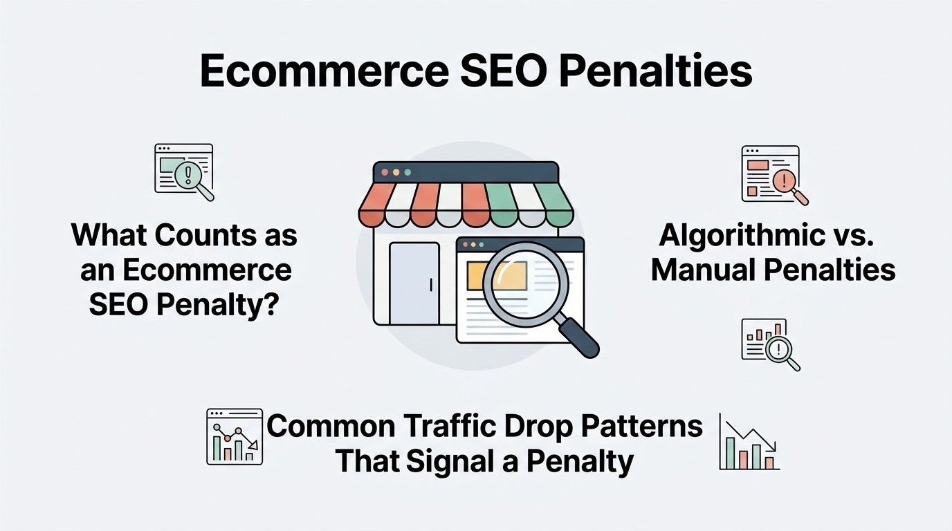 Infographic titled 'Ecommerce SEO Penalties' illustrating what counts as an ecommerce SEO penalty on the left, algorithmic versus manual penalties on the right, and common traffic drop patterns that signal a penalty at the bottom, surrounding a central storefront and magnifying glass icon.