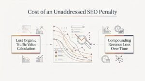 Infographic illustrating the cost of an unaddressed SEO penalty, featuring calculations for lost organic traffic value and compounding revenue loss over time.