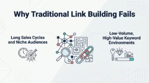 SEO business infographic explaining why traditional link building fails due to long sales cycles, niche audiences, and low-volume, high-value keyword environments.