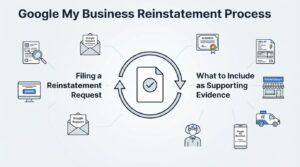 Infographic titled "Google My Business Reinstatement Process" breaking down the steps for filing a reinstatement request with Google Support and outlining what to include as supporting evidence, such as business licenses, utility bills, storefront photos, and official documentation.