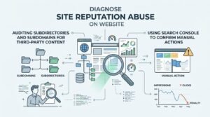 Infographic titled 'Diagnose Site Reputation Abuse on Website' illustrating auditing subdirectories and subdomains for third-party content on the left and using Search Console to confirm manual actions on the right, surrounding a central website browser window and magnifying glass icon.
