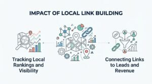 Impact of local link building infographic illustrating tracking local rankings and visibility alongside connecting links to leads and revenue using charts and icons.
