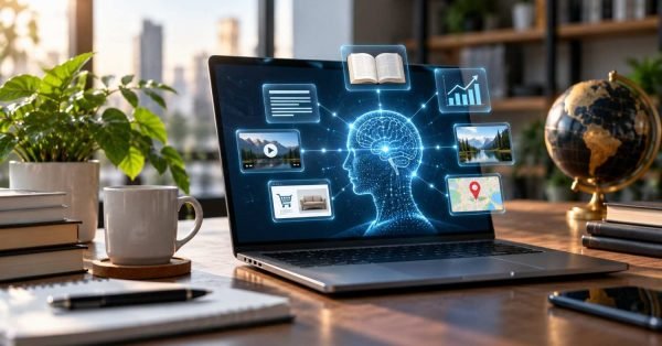 Laptop displaying an artificial intelligence concept with a glowing digital brain connected to content, analytics, video, shopping, and location information, representing AI-powered search and answer engine optimization.