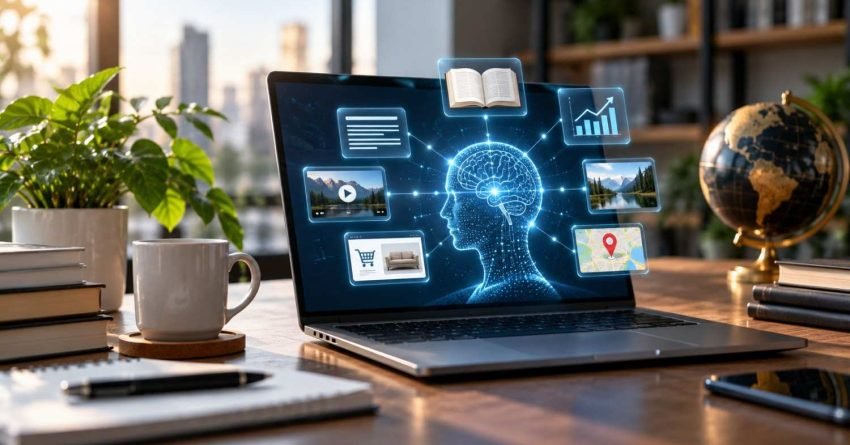 Laptop displaying an artificial intelligence concept with a glowing digital brain connected to content, analytics, video, shopping, and location information, representing AI-powered search and answer engine optimization.