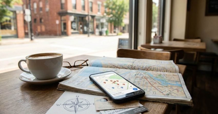 Smartphone showing local business search results on a city map beside a printed street map, coffee cup, and eyeglasses on a café table.