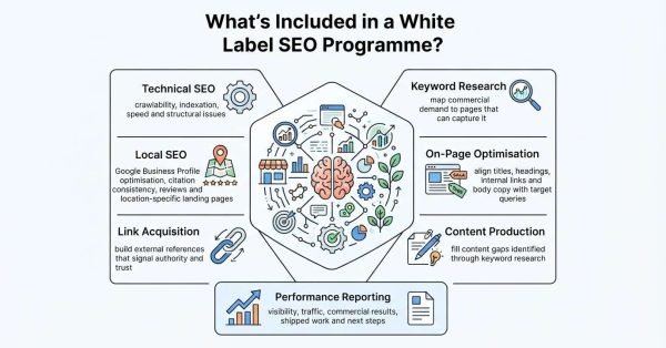 Infographic showing the key components of a white label SEO programme, including technical SEO, keyword research, local SEO, on-page optimisation, link acquisition, content production, and performance reporting.
