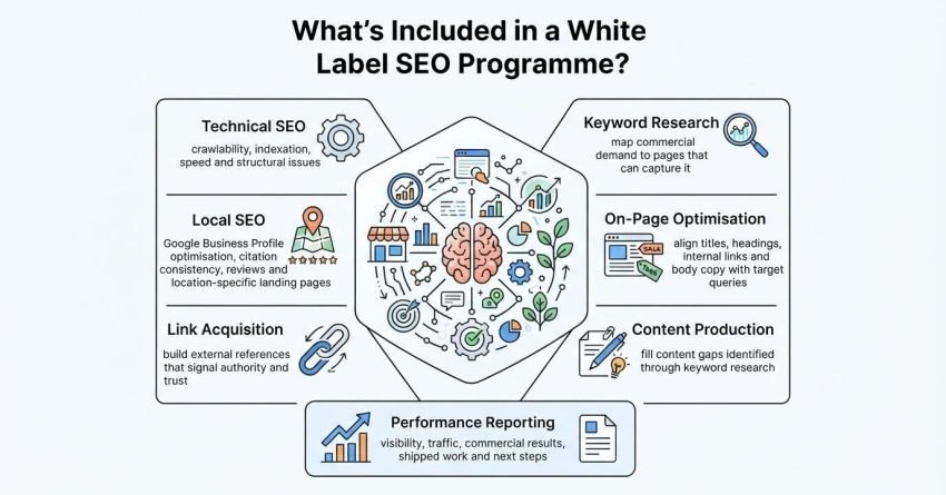 Infographic showing the key components of a white label SEO programme, including technical SEO, keyword research, local SEO, on-page optimisation, link acquisition, content production, and performance reporting.