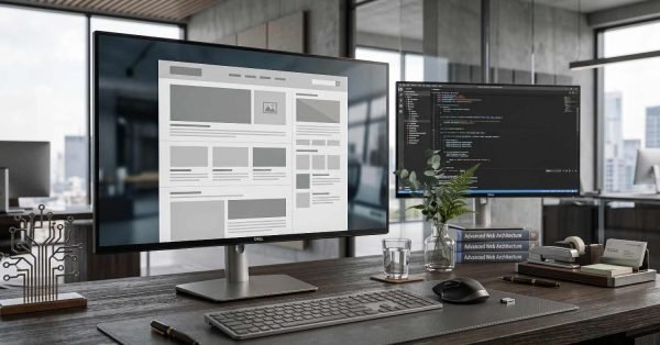 Modern web development workspace with dual monitors displaying a website wireframe and source code, representing technical SEO, website architecture, and performance optimization.