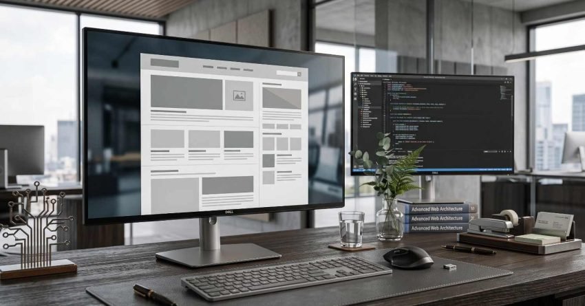 Modern web development workspace with dual monitors displaying a website wireframe and source code, representing technical SEO, website architecture, and performance optimization.