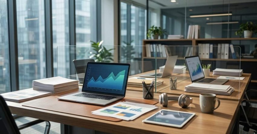 Modern office workspace with a laptop displaying a financial growth chart, business reports, tablet, headphones, and coffee on a wooden desk.