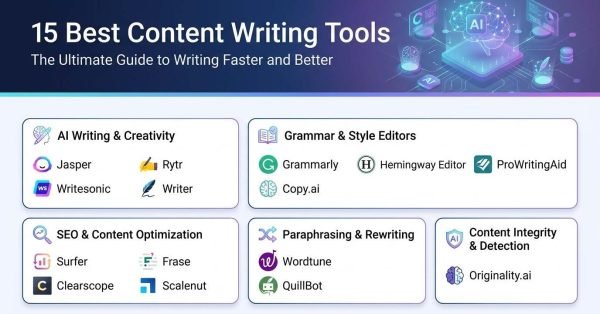 Infographic titled '15 Best Content Writing Tools: The Ultimate Guide to Writing Faster and Better' organizing 15 software platforms into five workflow categories: AI writing, grammar editing, SEO optimization, paraphrasing, and content integrity.