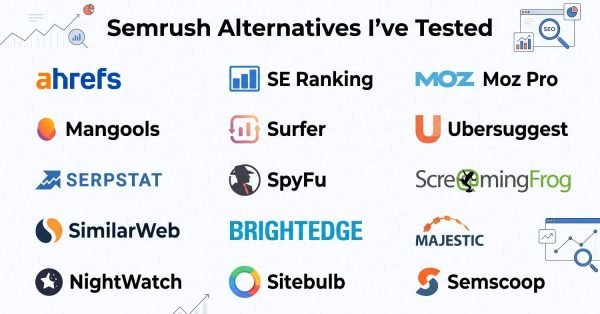 Infographic titled Semrush Alternatives I've Tested featuring a 3-column by 5-row grid displaying 15 SEO platforms: ahrefs, SE Ranking, Moz Pro, Mangools, Surfer, Ubersuggest, SERPSTAT, SpyFu, ScreamingFrog, SimilarWeb, BRIGHTEDGE, MAJESTIC, NightWatch, Sitebulb, and Semscoop.