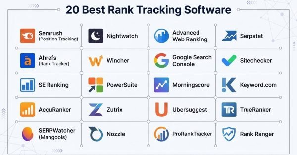 Software comparison directory infographic titled '20 Best Rank Tracking Software' displaying a four-by-five grid of twenty leading SEO ranking platforms with their respective brand logos.