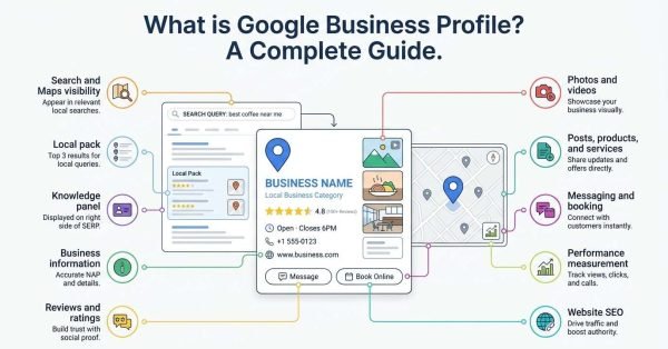 Infographic explaining Google Business Profile and its key features, including Search and Maps visibility, local pack rankings, reviews and ratings, business information, photos and videos, posts, products and services, messaging, booking, performance measurement, and website SEO.