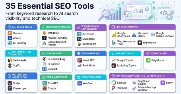 Infographic cataloging 35 essential SEO tools organized into 12 functional categories ranging from keyword research and competitor analysis to AI search visibility and technical SEO