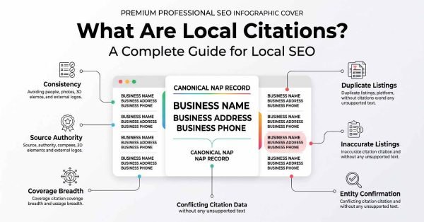 Professional local SEO infographic explaining local citations, canonical NAP records, consistency, source authority, coverage breadth, duplicate listings, inaccurate listings, conflicting citation data, and entity confirmation.