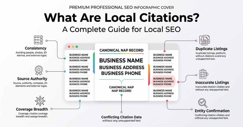 Professional local SEO infographic explaining local citations, canonical NAP records, consistency, source authority, coverage breadth, duplicate listings, inaccurate listings, conflicting citation data, and entity confirmation.