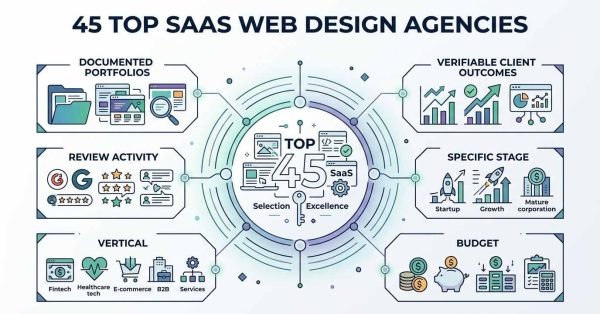 Infographic titled 45 TOP SAAS WEB DESIGN AGENCIES detailing agency vetting criteria—Documented Portfolios, Verifiable Client Outcomes, Review Activity, Specific Stage, Vertical, and Budget—surrounding a central audit hub labeled TOP 45 SaaS Selection Excellence.