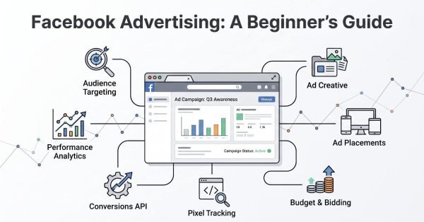 Infographic explaining the key components of Facebook advertising, including audience targeting, ad creative, ad placements, budget and bidding, pixel tracking, Conversions API, and performance analytics.