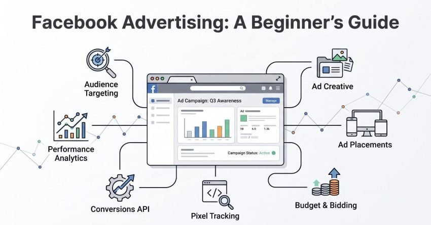 Infographic explaining the key components of Facebook advertising, including audience targeting, ad creative, ad placements, budget and bidding, pixel tracking, Conversions API, and performance analytics.