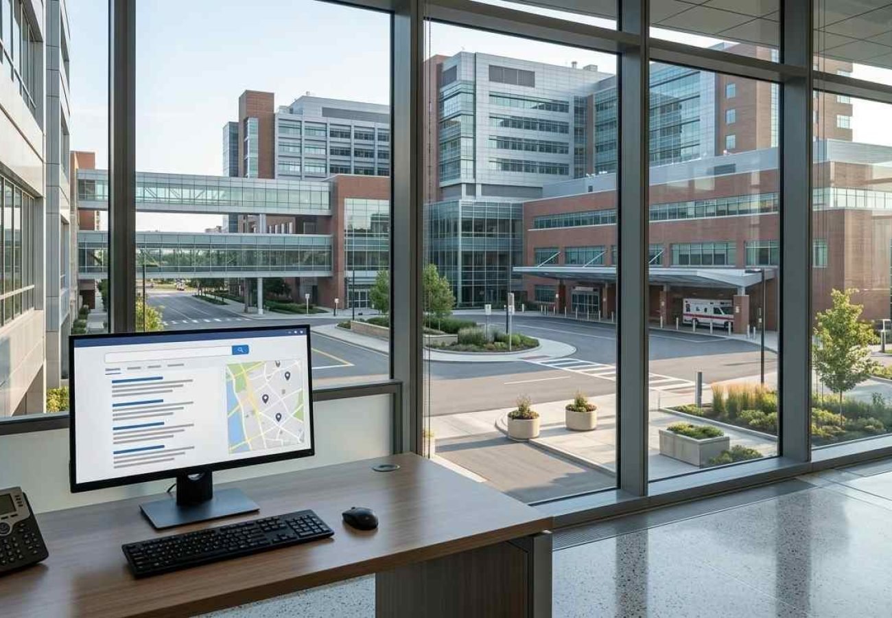 Modern hospital complex viewed through large office windows, with a desktop computer displaying local search results and a location map, alongside a keyboard and office telephone on a reception desk.