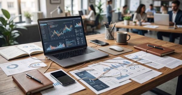 Laptop displaying an SEO analytics dashboard with charts and performance metrics, surrounded by printed reports, notebooks, smartphone, and office supplies on a wooden desk.
