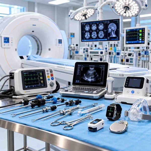 Modern medical equipment including a CT scanner, ultrasound machine, patient monitors, surgical instruments, and diagnostic devices in a clinical setting, illustrating medical equipment SEO and healthcare technology services.