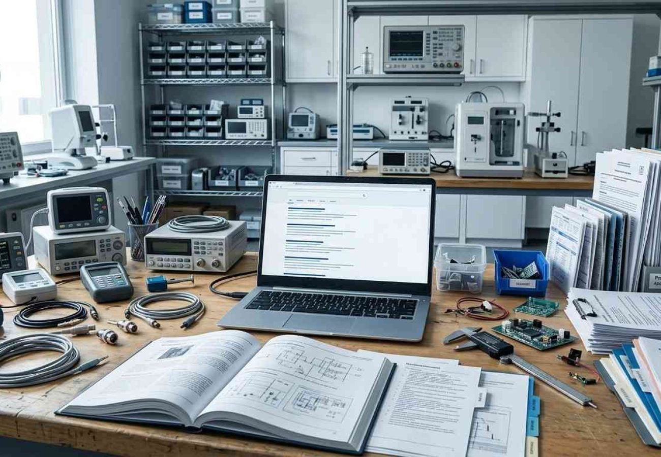 Medical equipment laboratory with diagnostic devices, cables, technical manuals, and a laptop displaying search results, representing medical technology SEO, healthcare equipment marketing, and online visibility optimization.