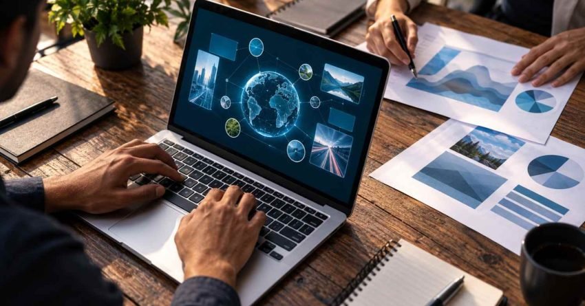 Digital marketing professionals working on a laptop displaying a connected global network, with analytics charts and visual reports on a desk, representing global SEO strategy and digital optimization.