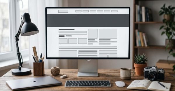 Modern desktop workspace featuring a large monitor with a website wireframe, keyboard, laptop, camera, notebook, and desk accessories, representing website design, development, and technical SEO optimization.
