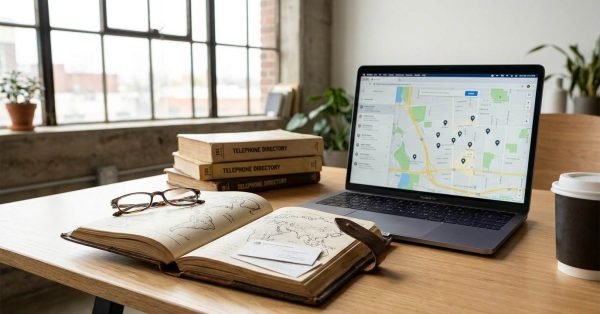 Laptop displaying local map search results beside a vintage map book, telephone directories, eyeglasses, and a coffee cup on a wooden desk.