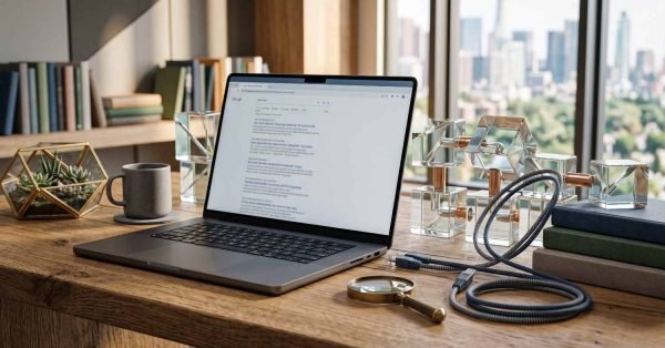Laptop displaying search engine results on a wooden desk, with a magnifying glass, books, decorative objects, and a city skyline visible through the window.