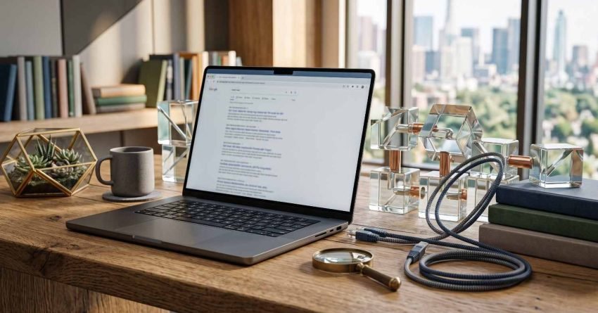Laptop displaying search engine results on a wooden desk, with a magnifying glass, books, decorative objects, and a city skyline visible through the window.