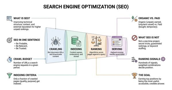 Search engine optimization guide infographic illustrating the search pipeline funnel—crawling, indexing, ranking, and serving—alongside core SEO definitions and concepts.