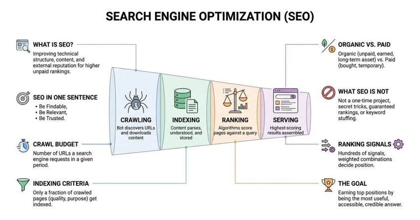 Search engine optimization guide infographic illustrating the search pipeline funnel—crawling, indexing, ranking, and serving—alongside core SEO definitions and concepts.